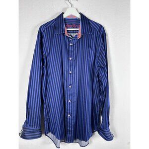 Robert Graham Mens 2XL Blue Striped Button-Up Shirt 100% Cotton Long Sleeve